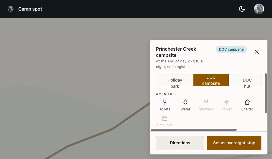 A camp spot sheet: Princhester Creek campsite, DOC campsite, amenities, Set as overnight stop