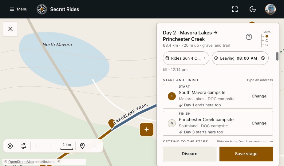 The stage planner on the map with start and finish, leaving time and the Lake2Lake trail