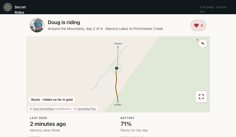 The page a follower sees while Doug rides: the live dot on the route, last seen two minutes ago, battery 71%